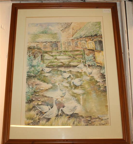 Sue Barrow watercolour - geese in a farm yard(-)